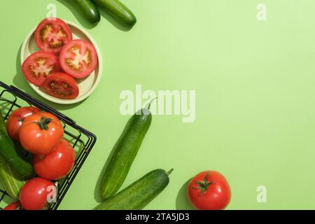 Le fond vert clair présentait des tomates et des concombres placés sur un plat et contenus dans un panier. Espace vacant pour la publicité des produits de beauté Banque D'Images