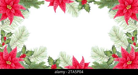Cadre horizontal de Noël avec fleur de poinsettia, branches de pin et houx avec baies rouges et place pour text.Background pour cartes, invitations.Waterco Banque D'Images