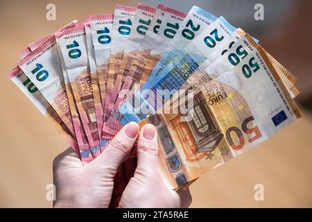 Berlin, Allemagne. 24 novembre 2023. Une personne tient de nombreux billets en euros dans sa main. Crédit : Hannes P. Albert/dpa/Alamy Live News Banque D'Images