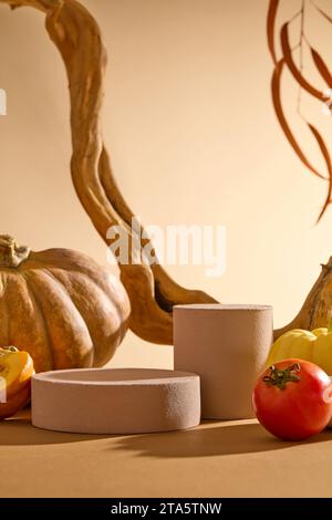 Fond confortable d'automne avec des podiums vides pour le produit d'affichage. Vue de face de fruits, citrouille, tomate et brindille sèche entourés de deux podiums cylindriques bruns Banque D'Images