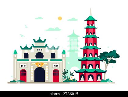 Temples asiatiques anciens - illustration vectorielle colorée moderne Illustration de Vecteur