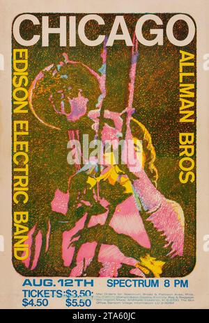 CHICAGO and the Allman Brothers Band (avec Duane à la guitare) Edison Electric Band, 12 août 1970, Spectrum Philadelphia Vintage concert Poster Banque D'Images