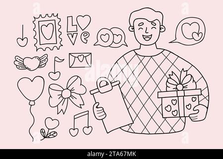 J'adore griffonner. Homme mignon avec cadeau, coeur, symboles d'amour, valentines, ballon, note, lettre. Vector isolé dessins à la main de contour romantique pour festif d Illustration de Vecteur