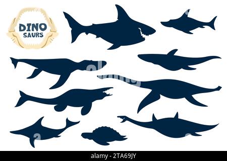 Silhouettes de personnages de dessins animés de dinosaures aquatiques isolés. Megalodon, Ophtalmosaurus, Liopleurodon et Kronosaurus, Tylosaurus, Plesiosaurus et ichthyosaure, ensemble de silhouettes de dinosaures de mer ARCHELON Illustration de Vecteur