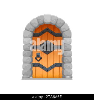 Porte médiévale de château de dessin animé, porte en bois avec cadre d'arche de mur en pierre, charnières en métal forgé, poignée de heurtoir et fenêtre. Entrée vectorielle, portail ou entrée de bâtiment de maison ancienne, palais ou église Illustration de Vecteur