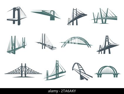 Icônes de pont, constructions de ville de vecteur de suspension, arc attaché et câble ponts routiers avec tours, pierres et poutres métalliques. Architecture urbaine, construction de ponts et symboles de transport Illustration de Vecteur