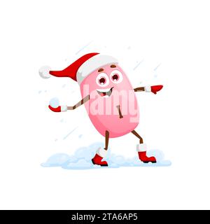 Personnage minéral iodé de dessin animé jouant des boules de neige sur les vacances d'hiver ou Noël, pilule de micronutriments de vecteur. Drôle joyeux iode I minéral dans le chapeau de Santa jetant des boules de neige, emoji personnage d'enfants Illustration de Vecteur