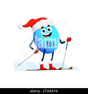 Personnage de vitamine B12 de dessin animé de Noël sur le ski pour les vacances d'hiver, pilule de micronutriments de vecteur. Bonne vitamine B12 saine dans le chapeau de Santa sur le ski de sport d'hiver dans la neige pour Noël ou nouvel an emoji Illustration de Vecteur