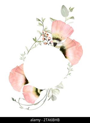 Bannière florale aquarelle avec place ronde pour le texte. Bouquet avec coquelicots roses et feuilles d'eucalyptus. Modèle de carte de remerciement. Isolé dessiné à la main Banque D'Images