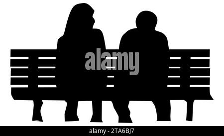 Silhouettes d'un homme et d'une femme assis sur un banc isolé sur fond blanc. Clipart vectoriel. Illustration de Vecteur