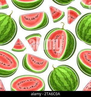 Vector Watermelon Seamless Pattern, fond répétitif décoratif avec des pastèques mûres hachées, affiche carrée avec la pastèque douce plate volante Illustration de Vecteur