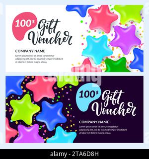 Carte-cadeau, bon, mise en page de certificat pour Noël, nouvel an, anniversaire. Étoiles 3d réalistes en plastique brillant coloré. Bannière noire et blanche de vacances v Illustration de Vecteur