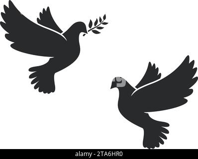 bel oiseau pigeon de colombe de paix volante avec silhouette de branche d'olivier ensemble de 2 vecteur sur fond transparent Illustration de Vecteur