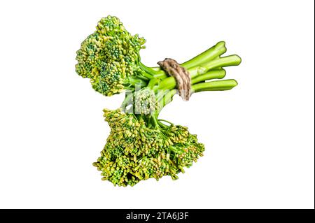 Branche Broccolini vert brut sur une planche de marbre. Isolé, fond blanc Banque D'Images