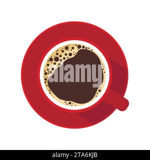 Tasse à café rouge vue de dessus avec mousse et bulles et soucoupe isolée sur fond blanc. Vecteur Illustration de Vecteur