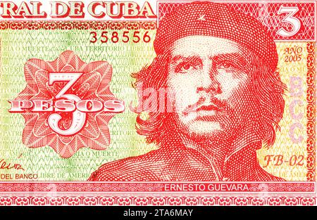 Ernesto 'Che' Guevara (1928 - 1967). Portrait sur le millésime Cuba 3 pesos 2005. Révolutionnaire marxiste, médecin, auteur, chef de guérilla, diplomate, Banque D'Images