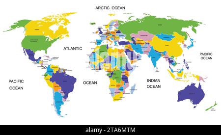 Pays de la carte du monde coloré. Carte politique très détaillée avec noms de pays. Illustration vectorielle. Illustration de Vecteur