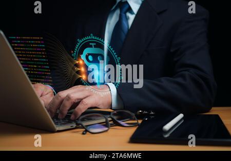 Homme d'affaires utilise l'ordinateur pour taper chat demander et répondre avec le système d'intelligence artificielle, chatbot, assistant IA. Banque D'Images