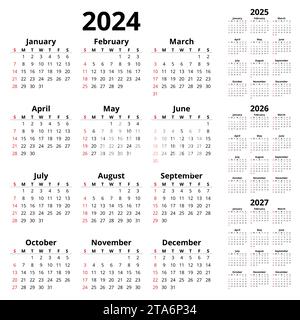 Calendriers anglais verticaux Vector 2024, 2025, 2026, 2027. Illustration imprimable simple. Planifiez votre année avec le style calendrier Illustration de Vecteur