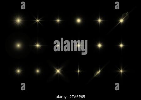 Étoiles brillantes, effets de lumière éblouissants, éléments lumineux brillants sur un fond transparent. Vector isoler les effets spéciaux Illustration de Vecteur