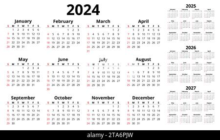 Calendriers anglais horizontaux Vector 2024, 2025, 2026, 2027. Illustration imprimable simple. Planifiez votre année avec le style calendrier Illustration de Vecteur