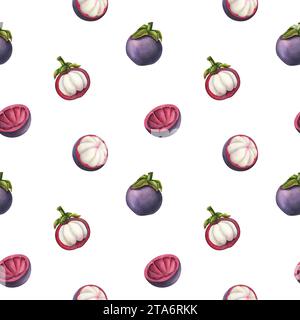 Mangoustan aquarelle Seamless Pattern. Fond dessiné à la main avec des fruits tropicaux exotiques, des tranches et un noyau pour le papier d'emballage ou la conception textile. Dessin de la nourriture thaïlandaise pour l'étiquette du produit. Banque D'Images