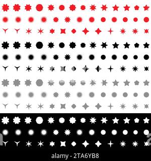 Ensemble de badges Starburst rouges. Autocollants de prix d'offre de rabais vierges, étiquette de vente d'offre. Autocollants de prix Starburst. Bannières de vente d'étoiles bulles de discours de soleil. Illustration de Vecteur