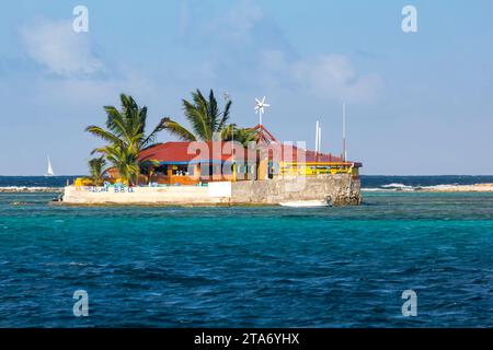 Vue détaillée de Happy Island, un restaurant isolé avec des palmiers à Union Island, Saint Vincent et les Grenadines Banque D'Images