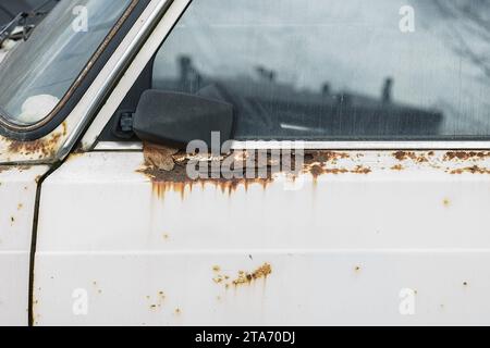 Corrosion de la tôle sur la roue de l'ancienne voiture blanche. Surface rouillée. Texture sale endommagée du sel de voirie. Arrière-plan rouillé. Protection de l'a Banque D'Images