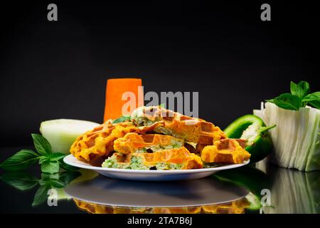 gaufres de légumes bicolores cuites à base de chou et de carottes, dans une assiette isolée sur fond noir Banque D'Images