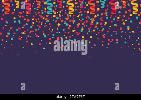 Confettis colorés sur violet. Placement horizontal des éléments. Fond vectoriel festif dans le style de dessin animé plat Illustration de Vecteur