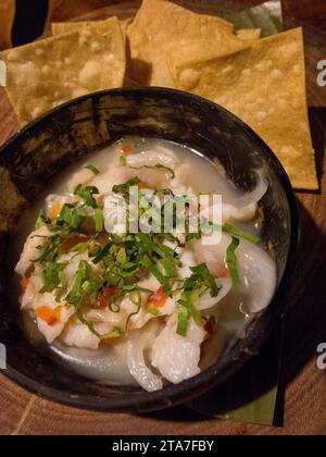 Bol avec soupe de ceviche dans un restaurant du Costa Rica Banque D'Images