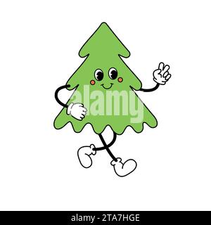 Vecteur groovy rétro dessin animé arbre de Noël isolé sur fond blanc Illustration de Vecteur