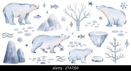 Ours polaires sur un fond isolé. Ensemble aquarelle de la faune arctique. Éléments dessinés à la main de bêtes et d'icebergs de glace pour les autocollants et l'impression pour enfants Banque D'Images