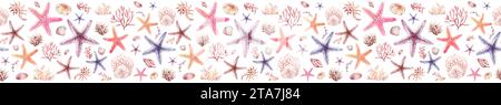Bordure sans couture Starfish. Aquarelle animaux sous-marins sur fond isolé pour bannière. Nature des fonds marins. Ornement marin horizontal. Banque D'Images