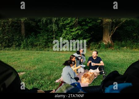 Famille ayant des collations tout en étant assis sur l'herbe au parc vu à travers le coffre de voiture Banque D'Images