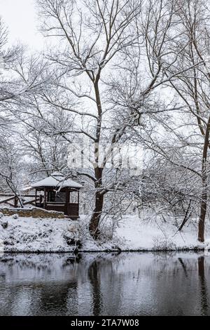 Un petit belvédère en bois dans les profondeurs d'une forêt d'hiver près d'un ruisseau de montagne froid et noyés marchent le long de lui, grimpant d'une vallée forestière. Banque D'Images
