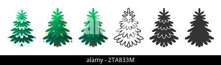 Ensemble plat de dessin animé de ligne d'arbre de Noël de dessin animé. Style modifiable nouvel an couvert de neige décor d'arbre Noël jouet autocollant imprimer modèle sapin Evergreen fait la main carte de voeux symbole de vacances isolé Illustration de Vecteur