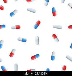 Modèle médical sans couture avec des capsules médicales rouges, bleues et blanches. Pharmacologie avec les produits pharmaceutiques. Fond de médecine pour l'emballage des pilules Illustration de Vecteur