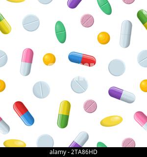 Modèle médical sans couture avec des pilules de couleur, des comprimés et des capsules sur blanc. Pharmacologie avec les produits pharmaceutiques. Illustration de fond de médecine Illustration de Vecteur