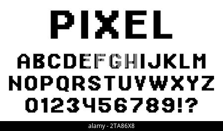 Lettres et chiffres de l'alphabet pixel dans le style rétro 8 bits. Polices modernes et élégantes ou police de caractères pour le titre ou la conception de titre comme l'affiche Illustration de Vecteur