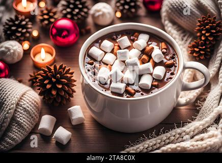 Une scène chaleureuse et accueillante avec un mug rempli de chocolat chaud et de cacao garni de guimauves Banque D'Images