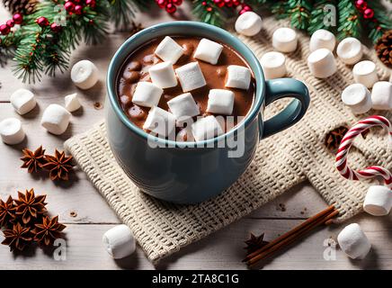 Une scène chaleureuse et accueillante avec un mug rempli de chocolat chaud et de cacao garni de guimauves Banque D'Images