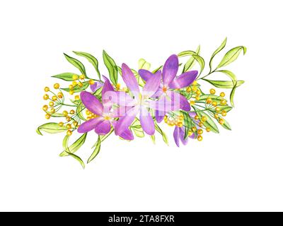 Composition printanière avec des crocus violets, des fleurs jaunes et des branches vertes de feuilles. Safran sauvage, herbe de prairie. Plantes dans un style transparent. Banque D'Images