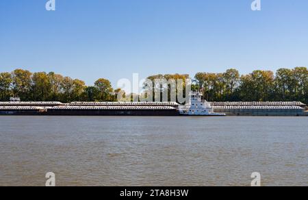 Grand remorqueur poussant des rangées de barges avec des produits céréaliers jusqu'au fleuve Mississippi au sud du Caire dans l'Illinois Banque D'Images