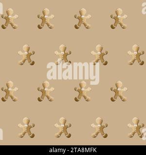 Aquarelle modèle sans couture avec des biscuits en pain d'épice sur fond beige. Conception de vacances d'hiver de Noël pour tissu, textile, scrapbooking, papier peint Banque D'Images