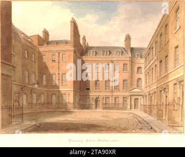 Vue de l'ancien ministère des Affaires étrangères et d'autres bâtiments sur Downing Street, Westminster. 1827. Banque D'Images