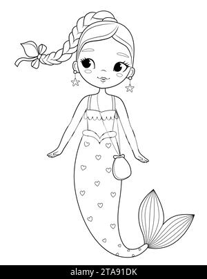 Jolie illustration de mode de fille sirène. Illustration de coloriage de contour pour livre de coloriage. Contour vectoriel Illustration de Vecteur