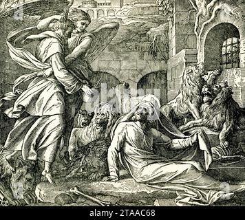 La légende de 1895 se lit comme suit : « Daniel dans la poule du lion ». Les sages savaient que Daniel priait Dieu, alors ils ont trompé le roi Darius pour qu'il fasse une nouvelle loi. Quiconque priait Dieu serait jeté dans une fosse aux lions. Daniel a choisi de prier Dieu de toute façon. Les sages du roi virent Daniel prier et dirent au roi que Daniel enfreignait la loi. Banque D'Images