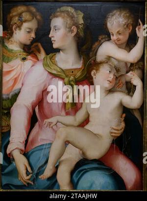 Vierge et enfant, enfant Jean, et Sainte Marguerite, par Carlo Portelli da Loro, italien, 1545-1550, huile sur panneau de bois Banque D'Images